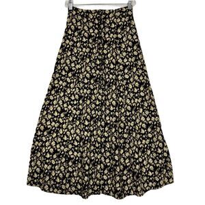 Vtg B Moss Black Floral Button-Front Midi‎ Skirt Sz 3 Cottage Prairie 90s Y2K